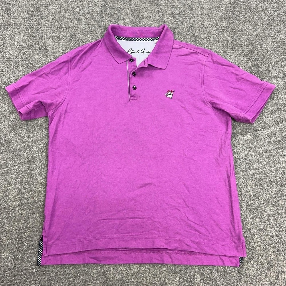 Robert Graham Polo Shirt Mens L Purple Cotton Devil Logo Knit Short Sleeve